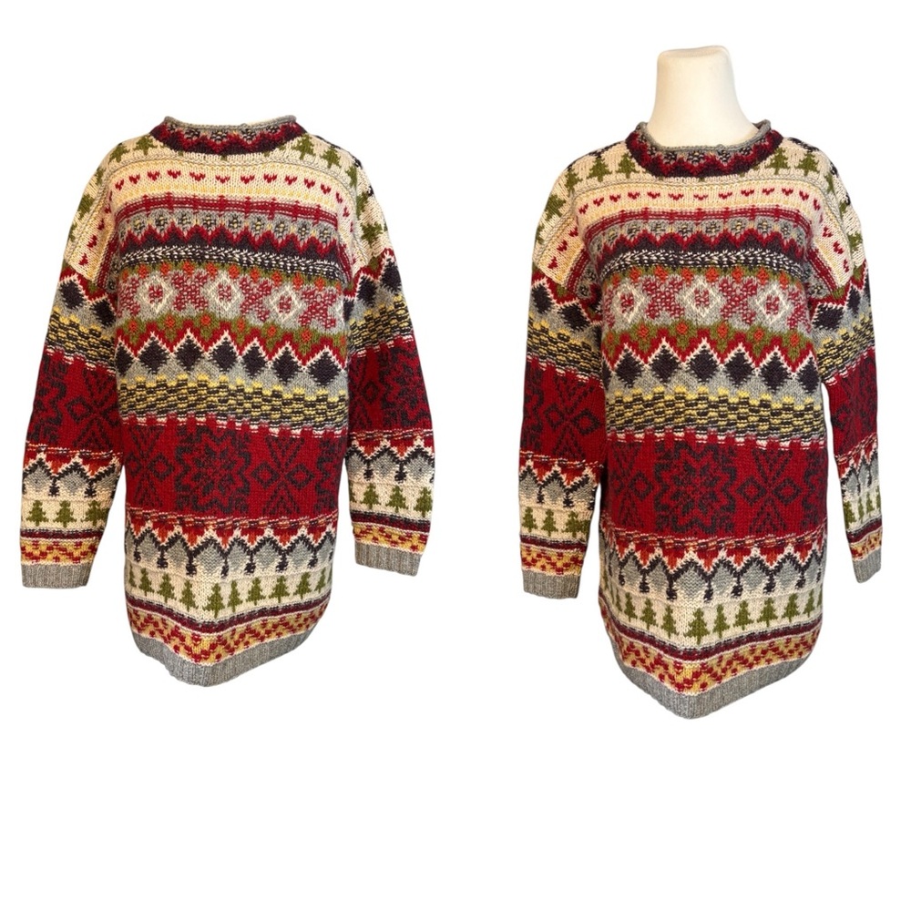 Limited Handknit (L) Unisex Multicolor 100% Wool Christmas Pullover Sweater
